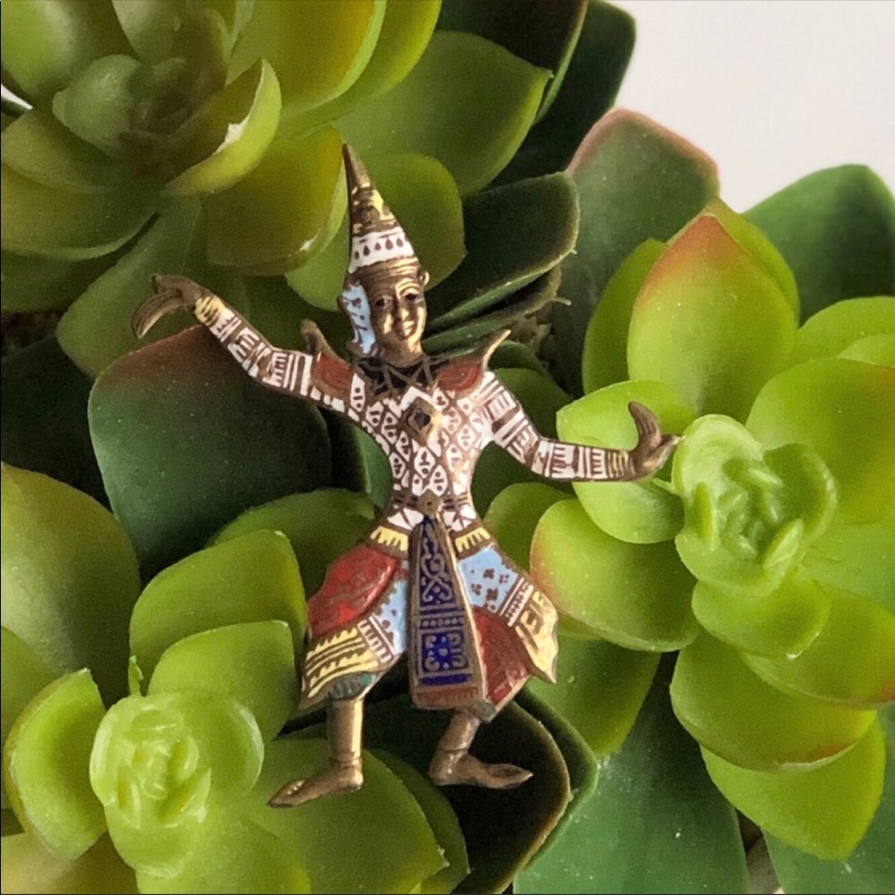 Vintage Siam multicolored vermeil dancer brooch